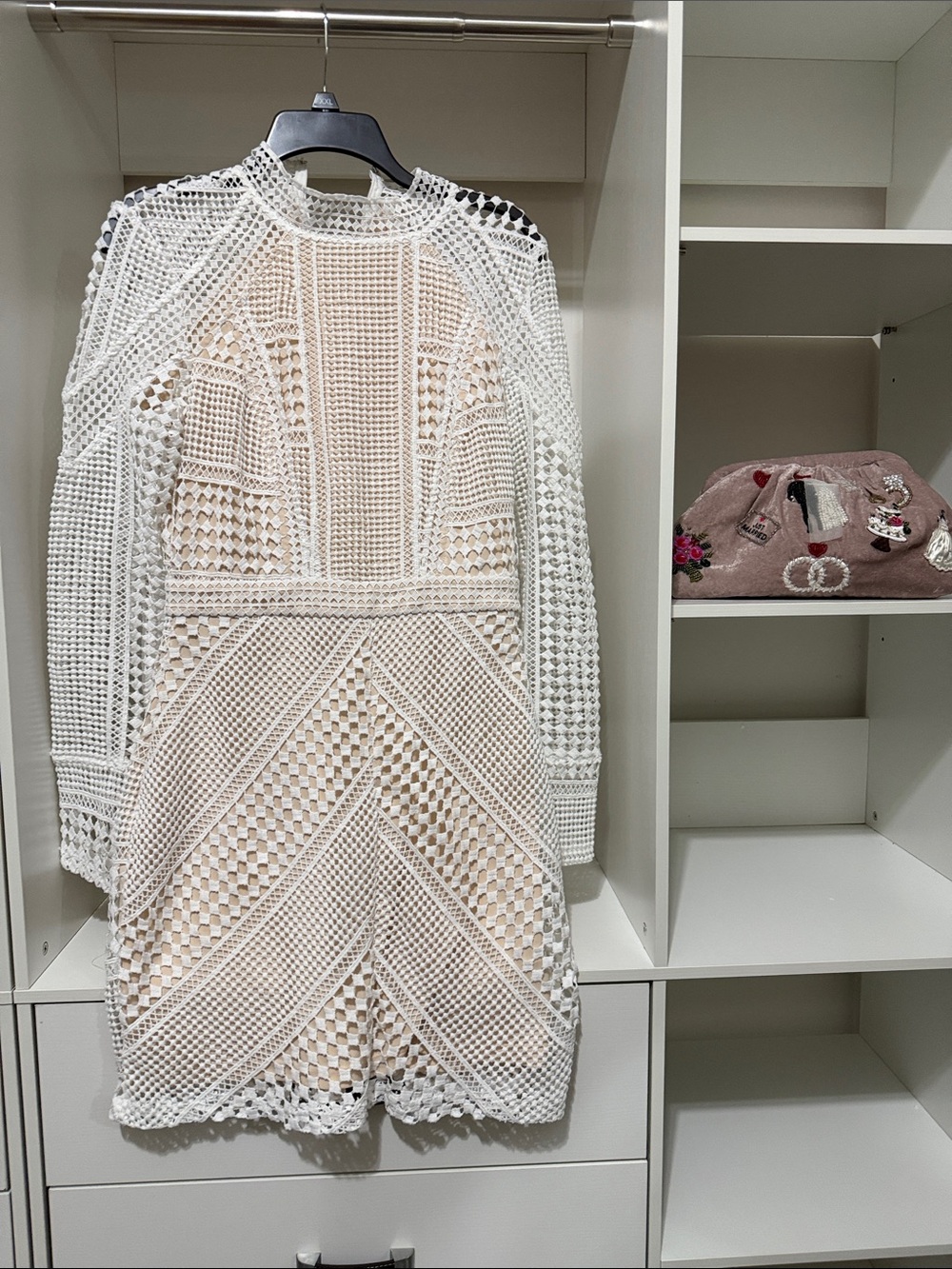 White Crochet Long-Sleeve Mini Dress